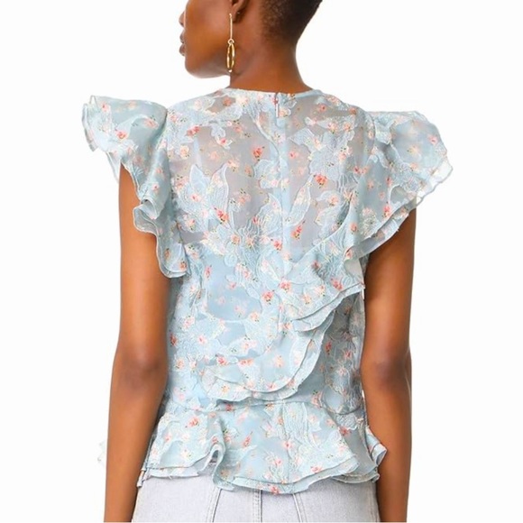 Rebecca Tayler Serra Floral Organza Ruffle Top Light Blue Silk Pattern - Picture 12 of 14
